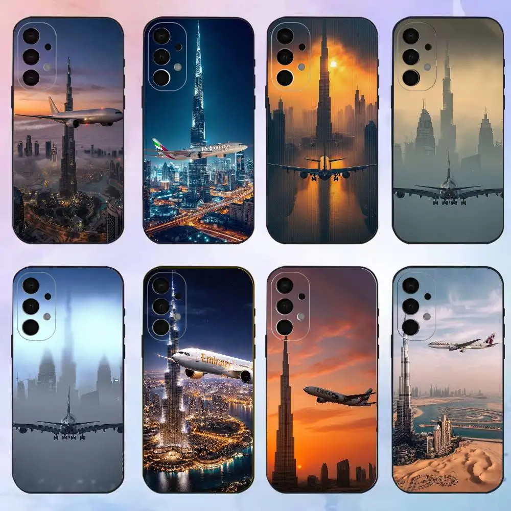 Dubai Burj Khalifa Airplane phone Case For Samsung S25,24,21,22,23,30,Ultra,20,Plus,Fe,Lite,Note Black Cover