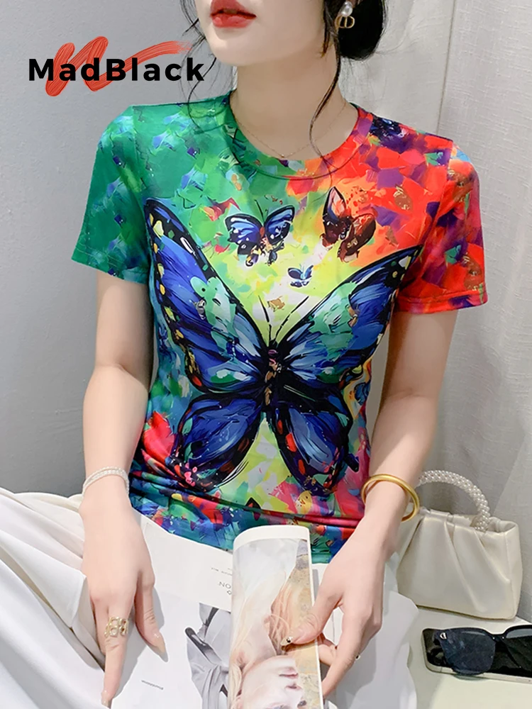 

MadBlack-Women's European T-Shirt, Sexy O Neck Butterfly Print, Clubwear Short Sleeve Slim S-3XL Knit Tee, 2025 Summer T57940CC