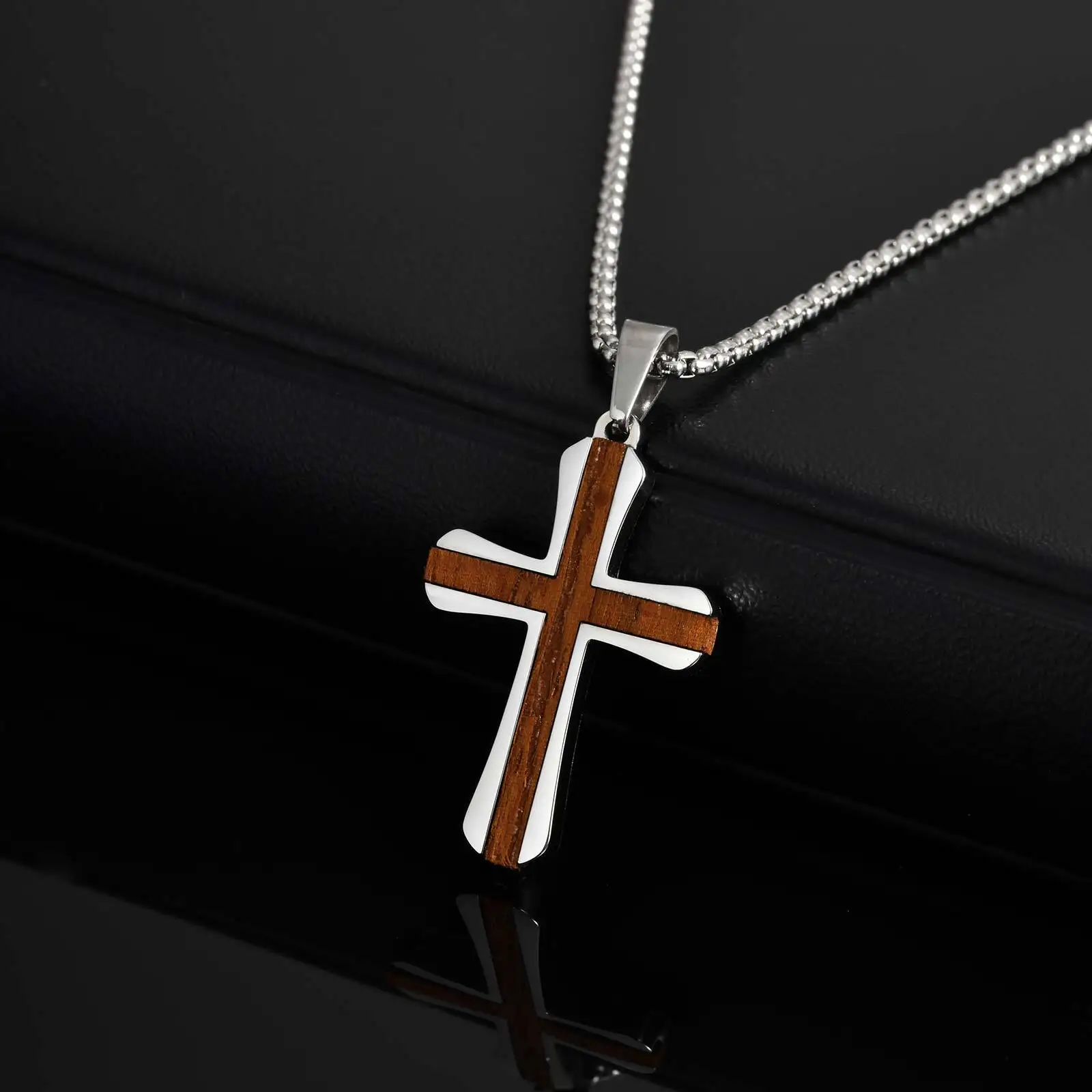 

Red Pear Solid Wood Cross Neckalce for Men,Silver Color Stainless Steel Pendant Necklace,Hip Hop Cool Punk Jewelry Gift