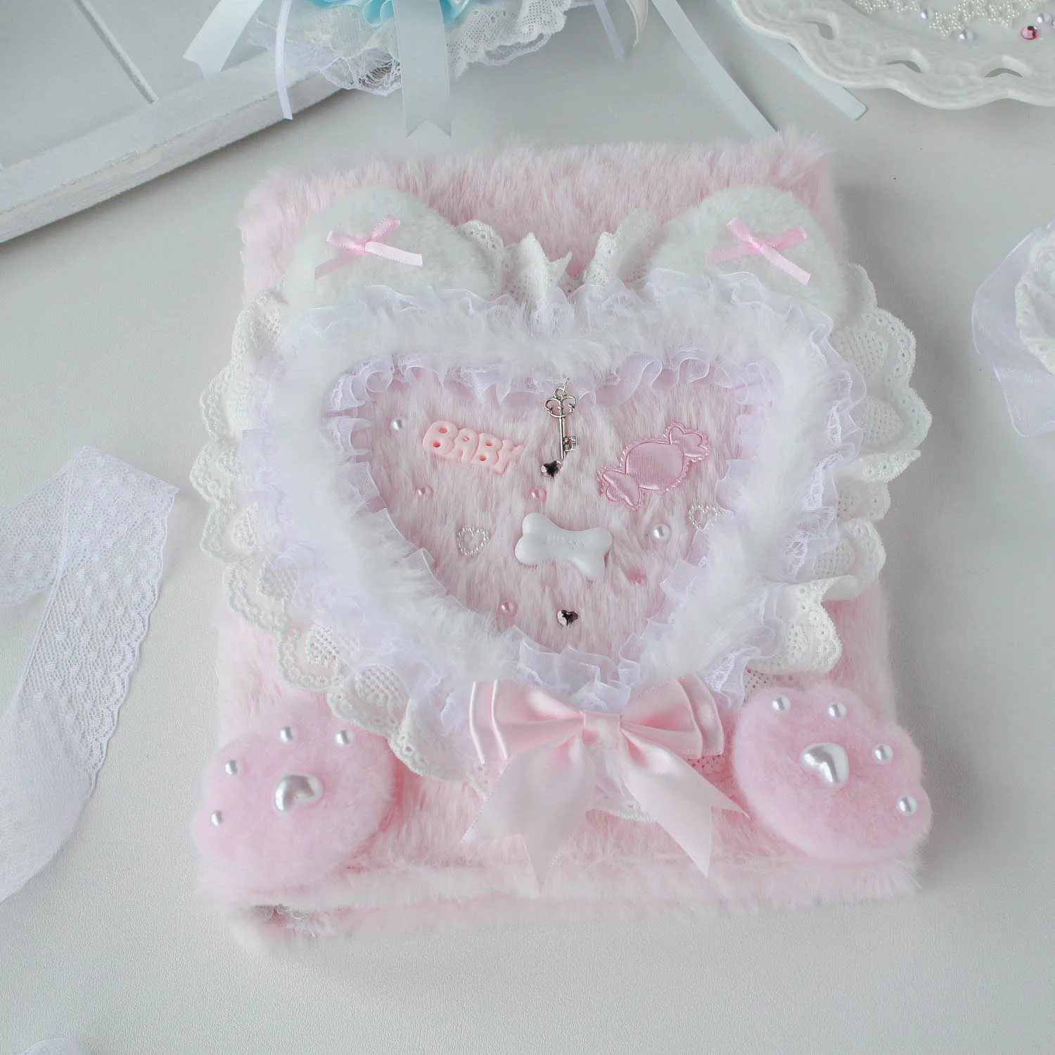 Kawaii Fluffy Cards Holder Binder A5 Lace Kpop Card Protectors Pink Album Book Toploader Plush Sweet Heart Cute Cat  Loose-leaf