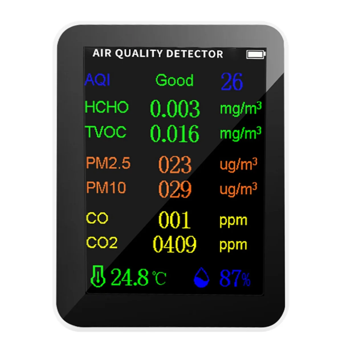 2025 جديد 9 في 1 مقياس جودة الهواء المحمول PM2.5 PM10 CO CO2 TVOC HCHO جهاز قياس درجة الحرارة والرطوبة شاشة ملونة، أبيض