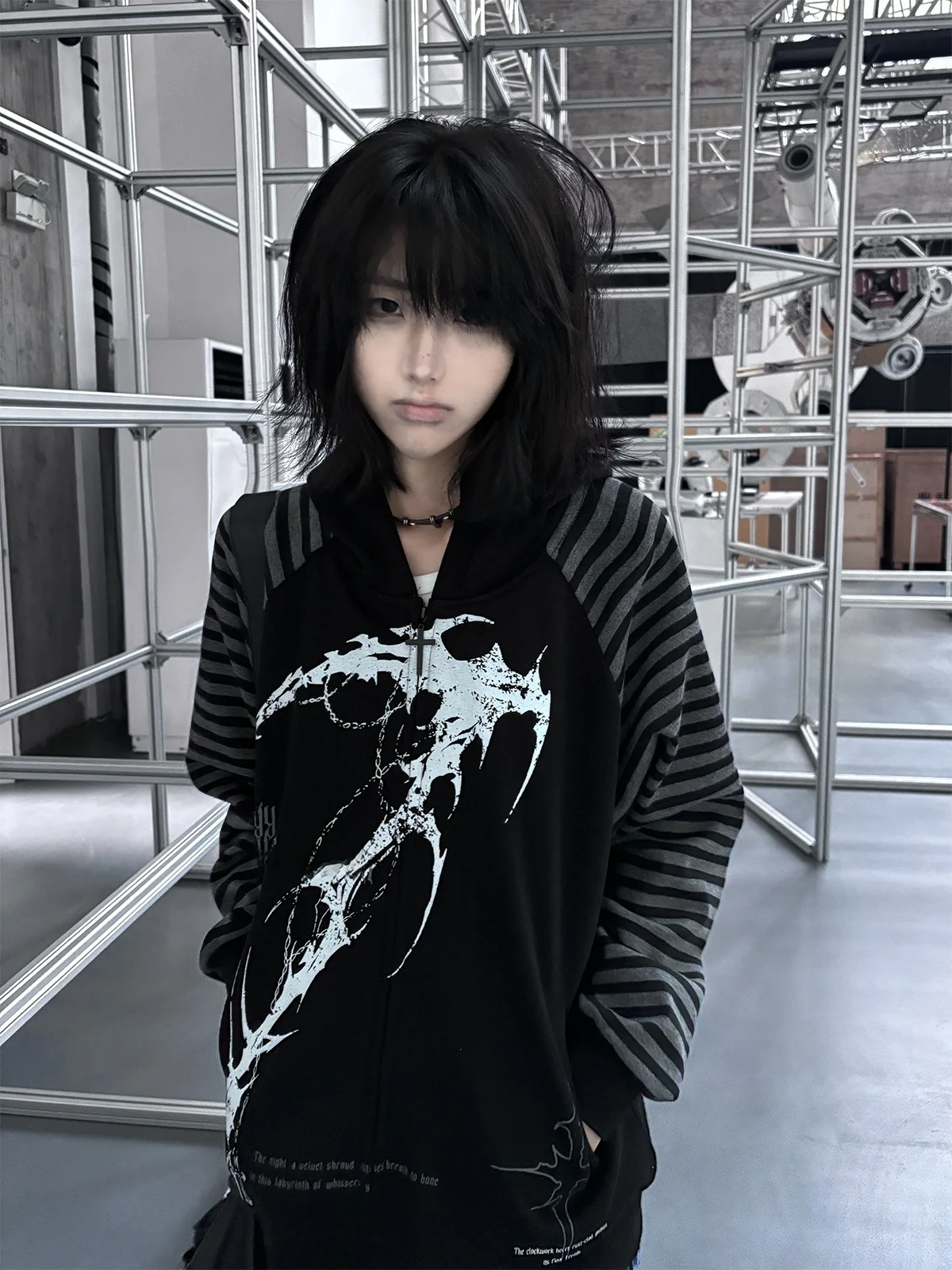 Dark Gothic Thin Hoodie Women's Loose Outerwear Tattoo Print Top Unisex Cotton Long Sleeve Zipper Closure Daily Wear