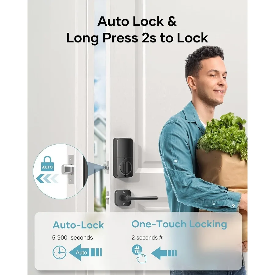 Inteligentny zestaw zamków do drzwi wejściowych z dostępem bezkluczykowym i rozpoznawaniem linii papilarnych zapewniający bezpieczny dostęp do domu. Wbudowane połączenie Wi-Fi dla R