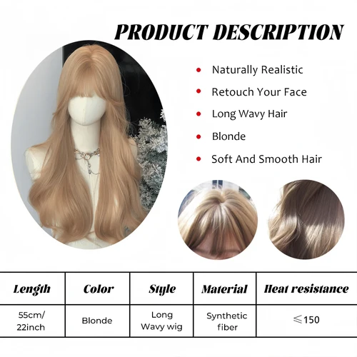 Imagen 2 del producto Pelucas sintéticas de color rubio ceniza claro ondulado largo con flequillo para mujer, pelucas de pelo de uso diario para fiesta de Cosplay con ondas naturales, resistentes al calor