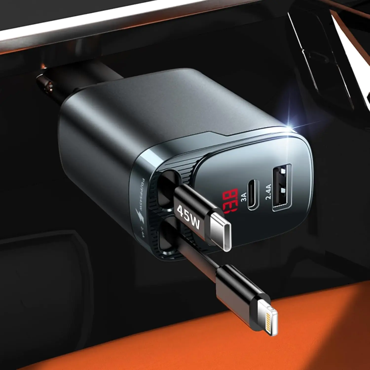 Retractable Car Charger 4 in 1 84W Fast Charge USB C Cigarette Lighter Adapter with Voltage Display, Travel Essentials Car Accessories for iPhone Samsung Android