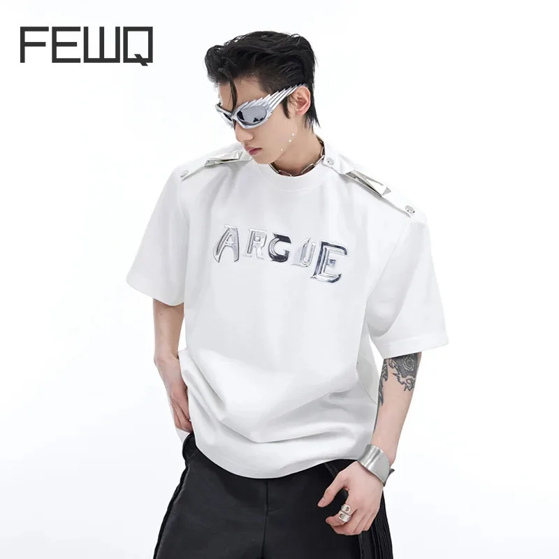 IEFB Summer Niche Metal Button One Shoulder Design Short Sleeved Men's T-shirt Printed Loose 2024 Contrast Color Tops 9C5039