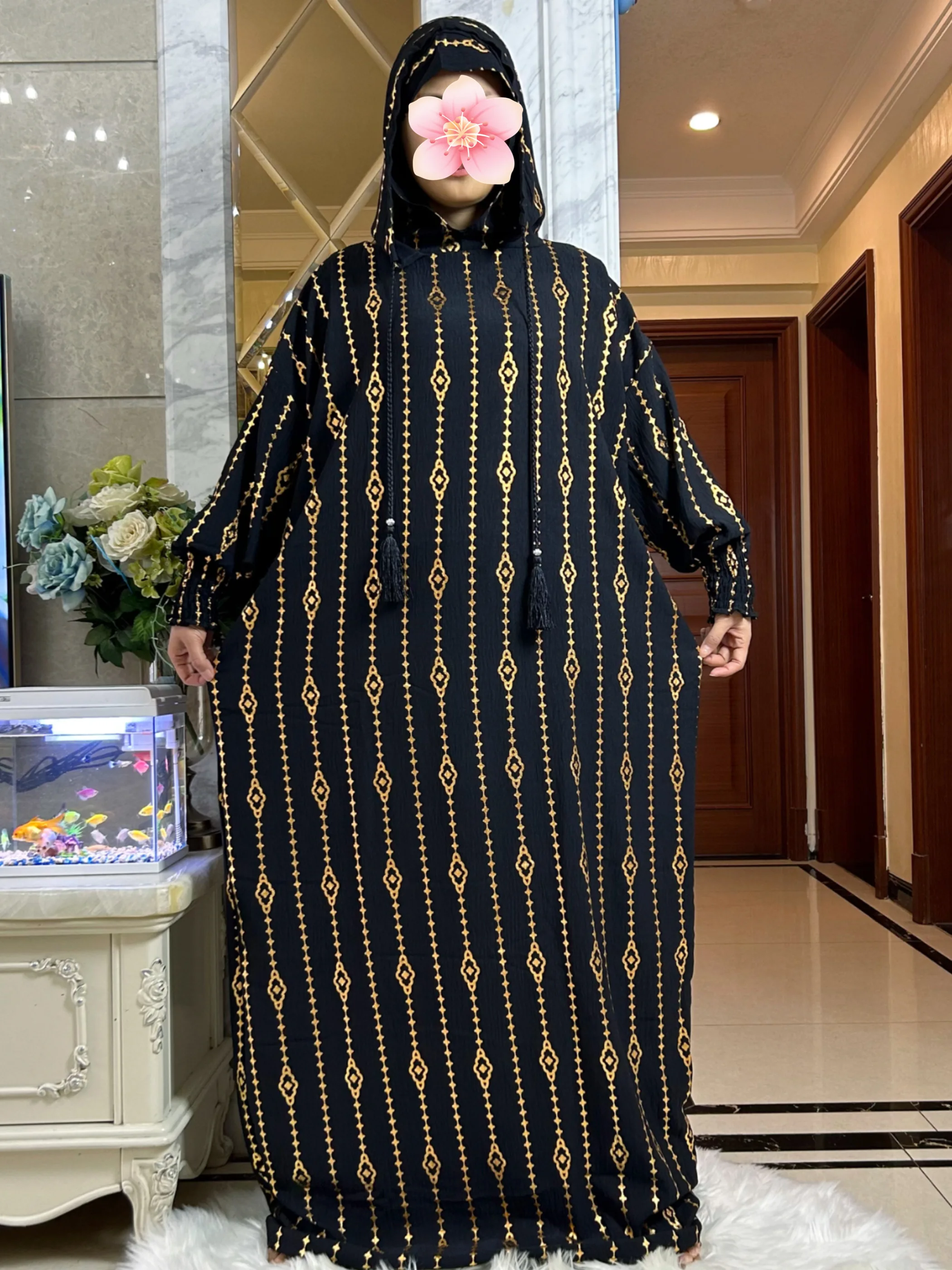 Goldstempel aus reiner Baumwolle, Ramadan, muslimische Damen-Abaya mit zwei Hüten, Dubai-Türkei-Stil, islamische Gebetskleidung, Kaftan-Kleid