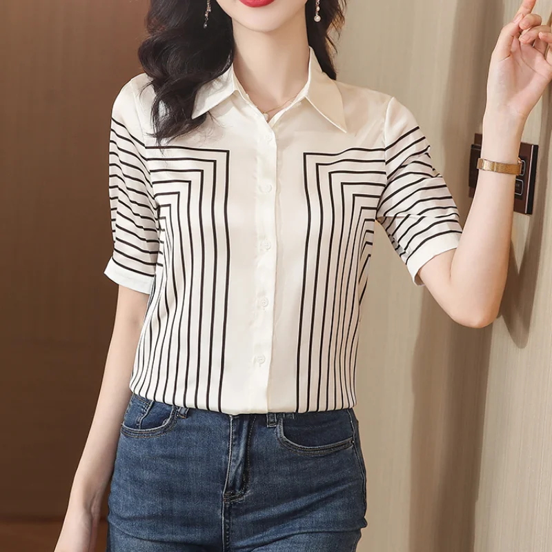 Summer Women\'s Patchwork Striped Polo Neck Short Sleeve Loose Thin Plus Size Shirt Single Bonded Elegant Fashion Casual Tops