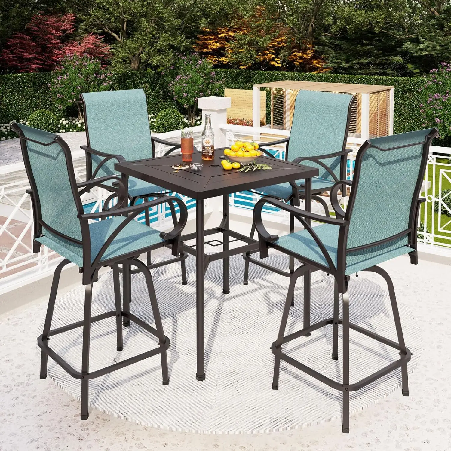 Outdoor Patio Bar Set, 2/3/4/5/6 Piece Metal, Square Bar Table and Swivel Chairs, Jacquard Lake Blue, 250 lbs Weight Capacity