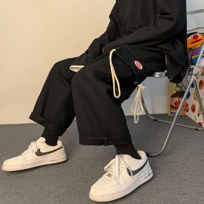 Estilo coreano perna larga algodão calças de carga dos homens streetwear em linha reta caminhadas oversize baggy sweatpants calças casuais bolso lateral