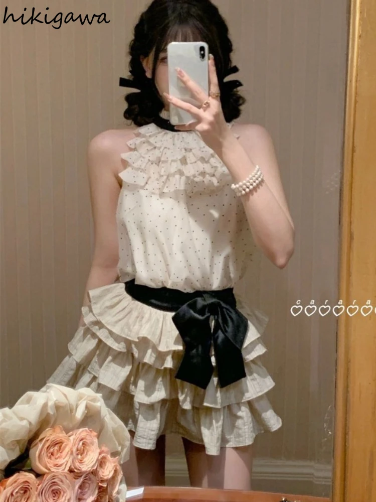 

Skirt Outfits Women Two Piece Set Korean Summer Clothing Stand Neck Sleeveless Tops A-line Mini Skirts Suit Fashion Sweet Sets