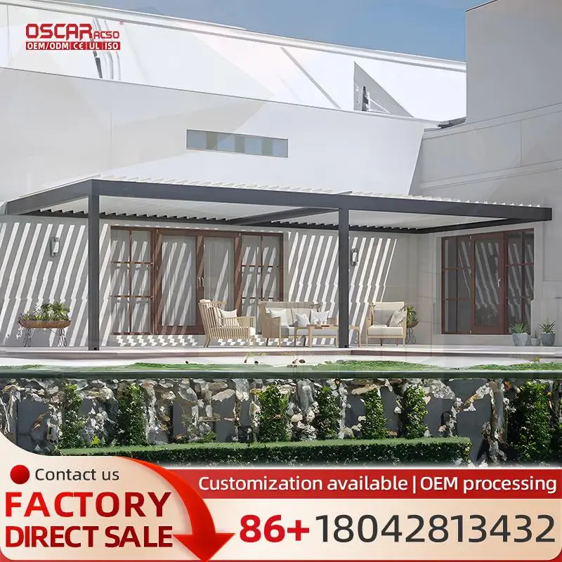 

Outdoor Aluminum Pergola Gazebo with RGB Light Waterproof Motorized Louvered Blinds and Glass Door Bioclimatic Pavilion for Gard