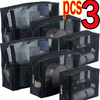 1/3pcs ตาข่ายล้างกระเป๋าเครื่องสําอางขนาดเล็กขนาดใหญ่กระเป๋าแต่งหน้าสีดําแบบพกพา Travel Toiletry Organizer กรณีลิปสติกกระเป๋าเก็บกระเป๋า