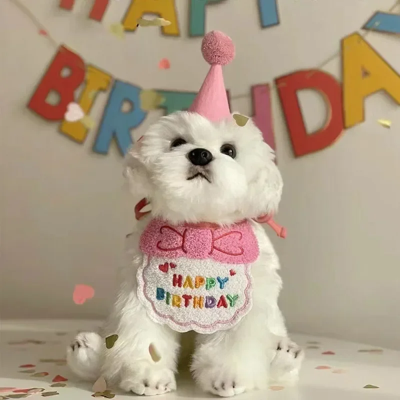 사랑스러운 강아지 고양이 생일 모자 반다나 세트, 고양이 개 액세서리, 애완 동물 생일 용품 