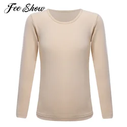 Ropa interior térmica para niños y niñas, camisetas de manga larga con cuello redondo de Color sólido, camisa de Base elástica, Tops para entrenamiento de Ballet y baile