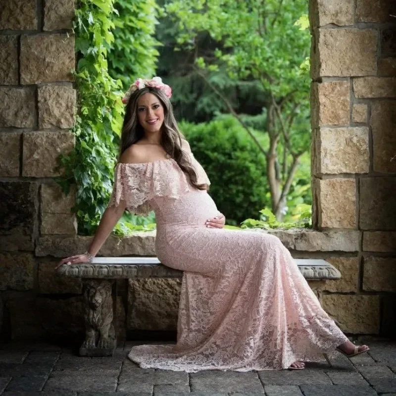 출산 드레스 레이스 워드 칼라 베어 어깨 여름 임신 맥시 가운 임신 한 여성 사진 소품 촬영 의류 새로운