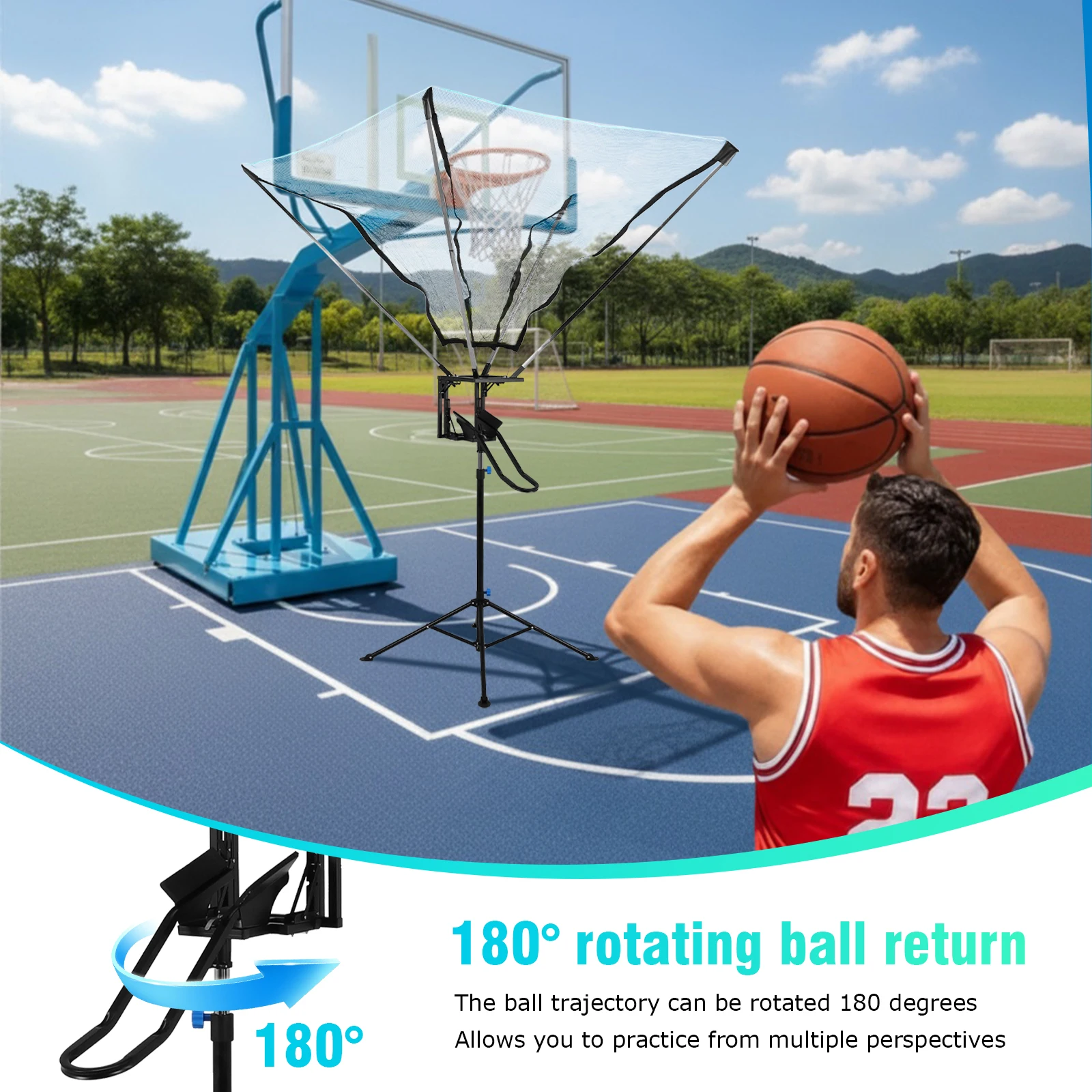

Basketball Shot Return Net Apparatus with 180° Rotating Chute Suspended Portable Shooting Training Basketball Rebounder Device