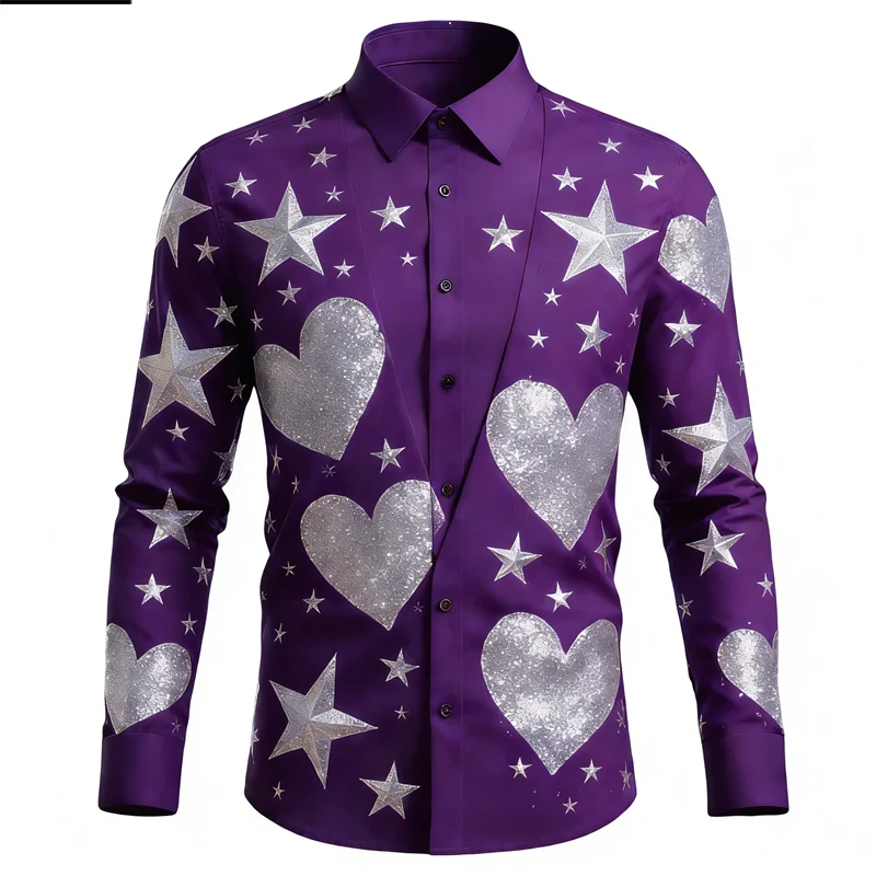 New men's long sleeved shirt casual and fashionable 3D heart printed design top long sleeved lapel men's high-end