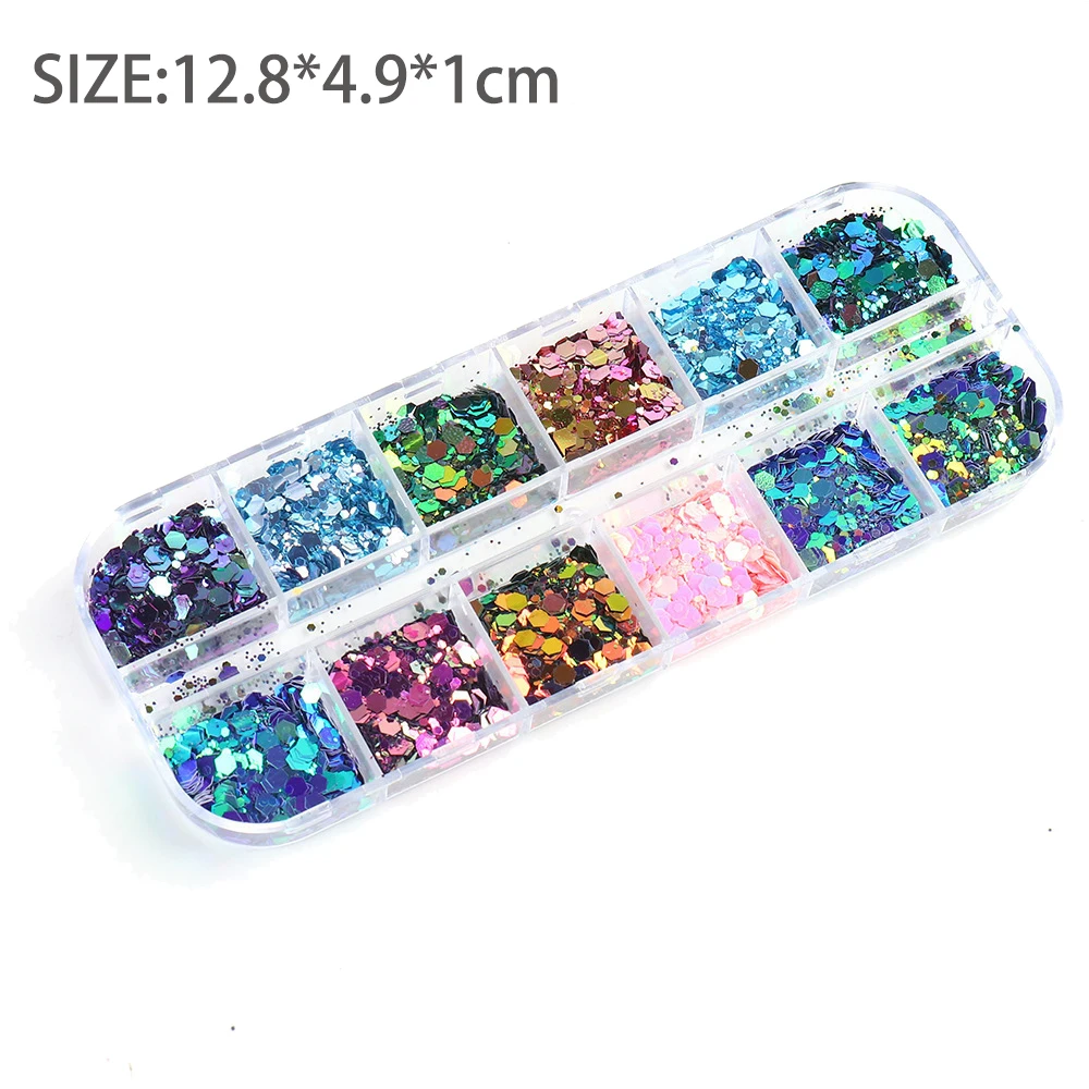 12 Colors Gradient Mermaid Glitter Nail Art Sequins, Personalized 3D Gradient Ripple Scales Ladies DIY Nail Art Decorations