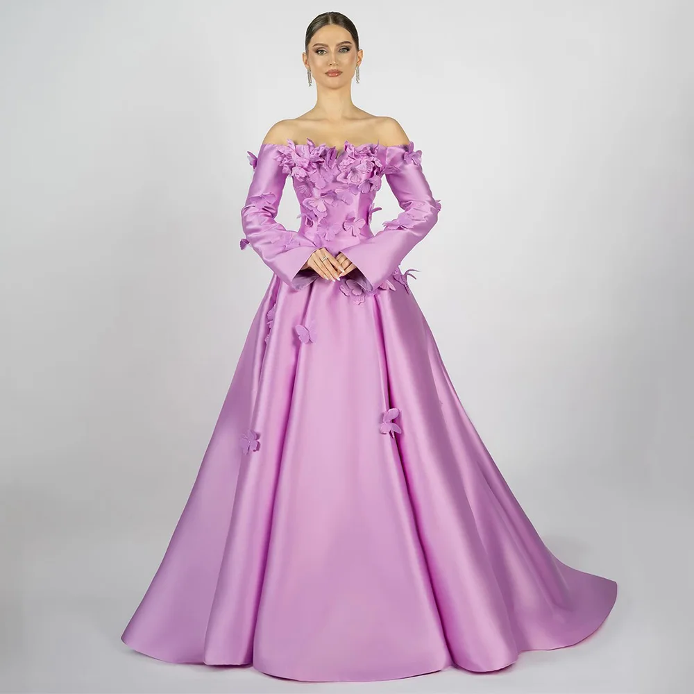 Vestido de noite saudita personalizado, mangas compridas, barco, pescoço, borboleta, trem de varredura, linha, cetim, vestido de festa árabe, vestidos de baile