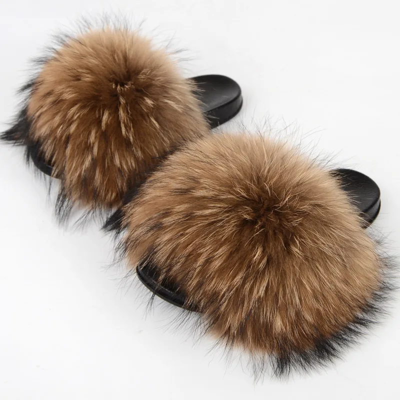 Real Raccoon Fur Slippers Women\'s Summer Fur Slippers Big Size Furry Natural Fur Shoes Beach Plush Sliders Fashion Female Shoes