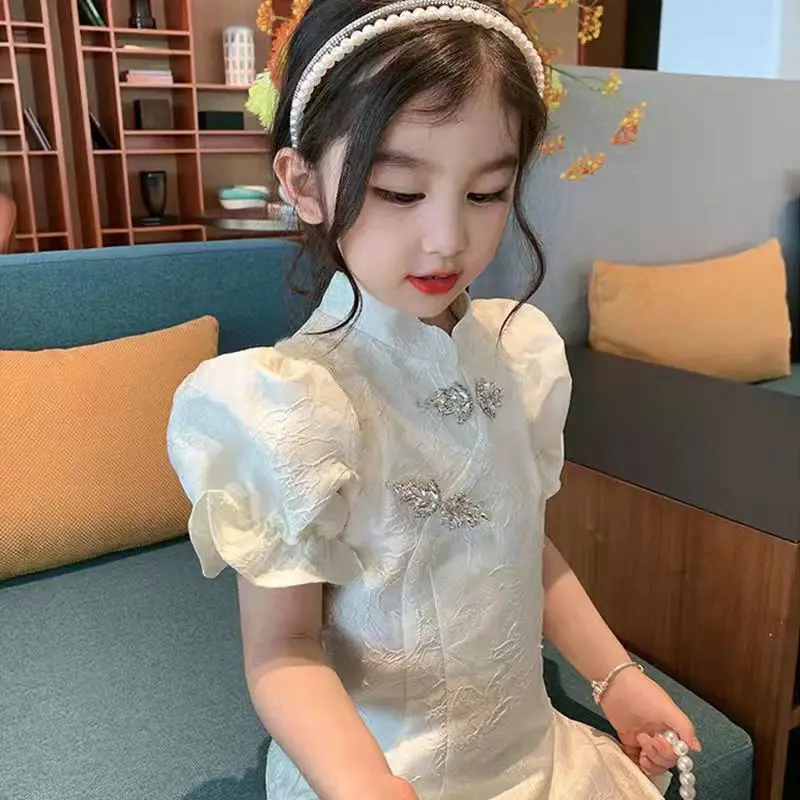 Cheongsam Girls Baby Slim Dress Children\'s Chinese Style Clothing Girl Baby Summer Short-sleeved Chinese Hanfu Tang Suit