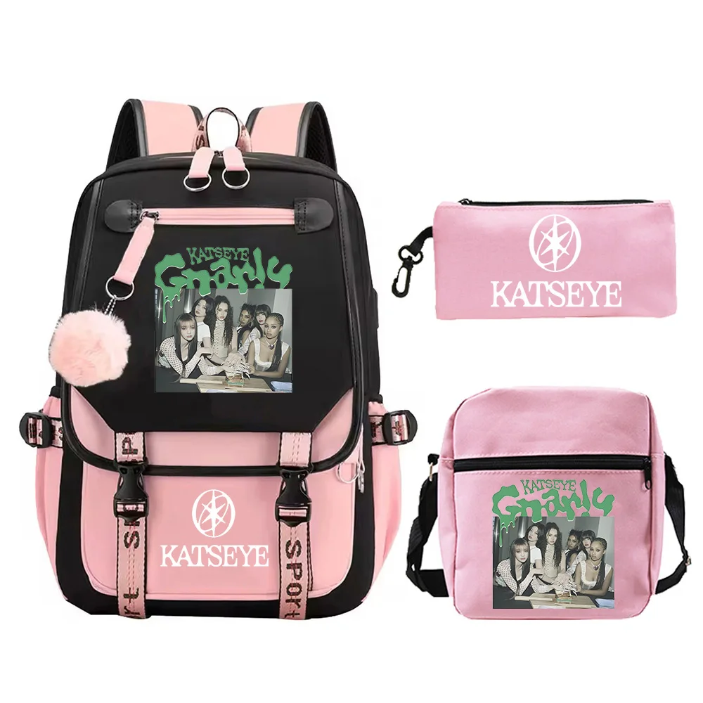 3Pcs/set Katseye Printed School Backpacks for Young Girls Large Capacity Backpack Fashion Women Travel Rucksack Student Bookbag
