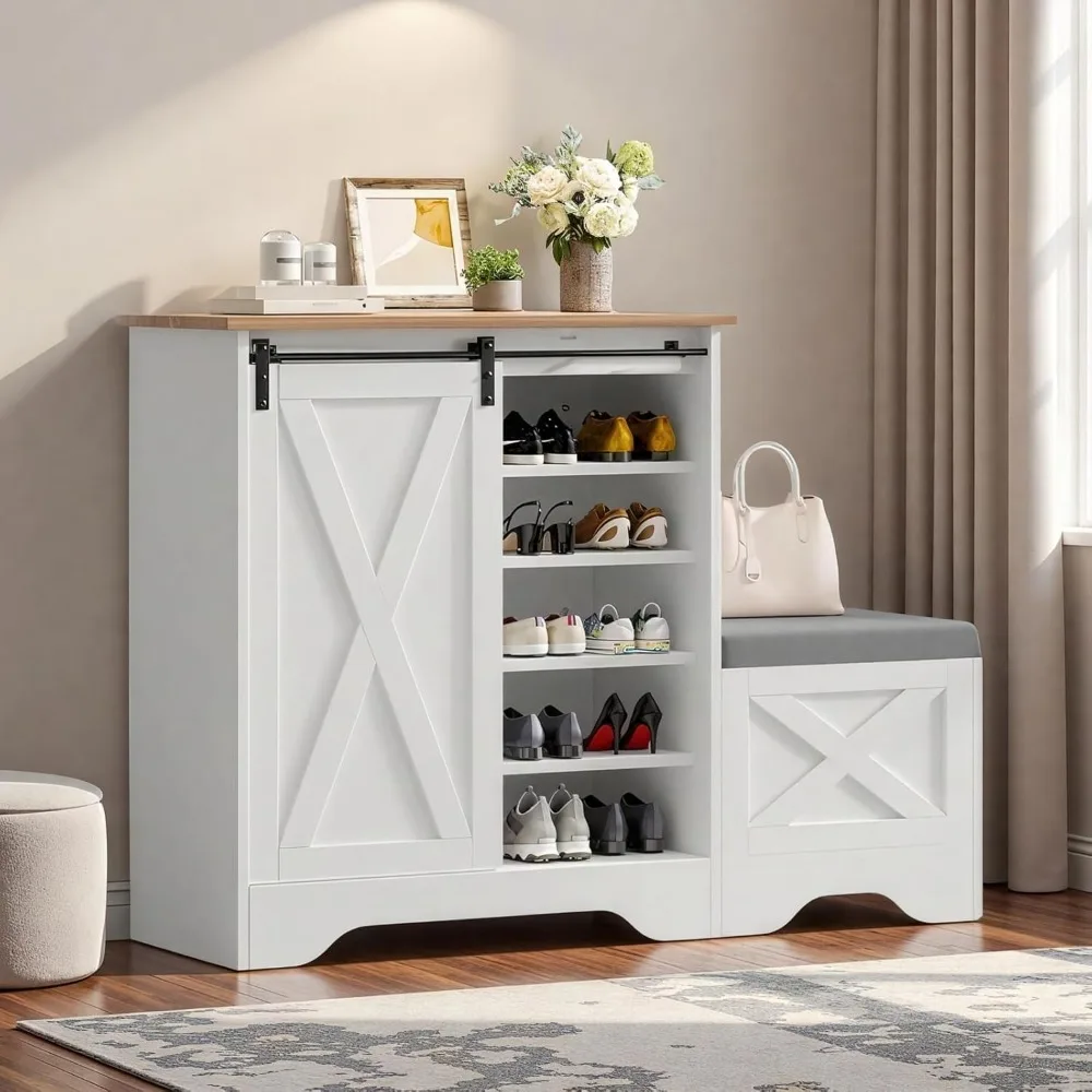 

Farmhouse shoe cabinet with shoe bench, 5-storey shoe cabinet, adjustable shelves, can accommodate 20 pairs, narrow shoes