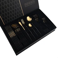 24Pcs Cutlery Sets Stainless Steel Knife Fork Tea Spoon Mirror Tableware Flatware Set Festival Kitchen Dinnerware Gift
