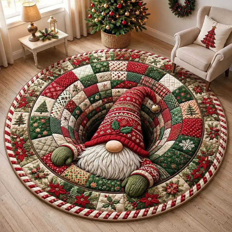VIKAMA 3D Gnome Round Rug Christmas Illusion Print Non Slip Mat For Living Room Bedroom Holiday Farmhouse Decor