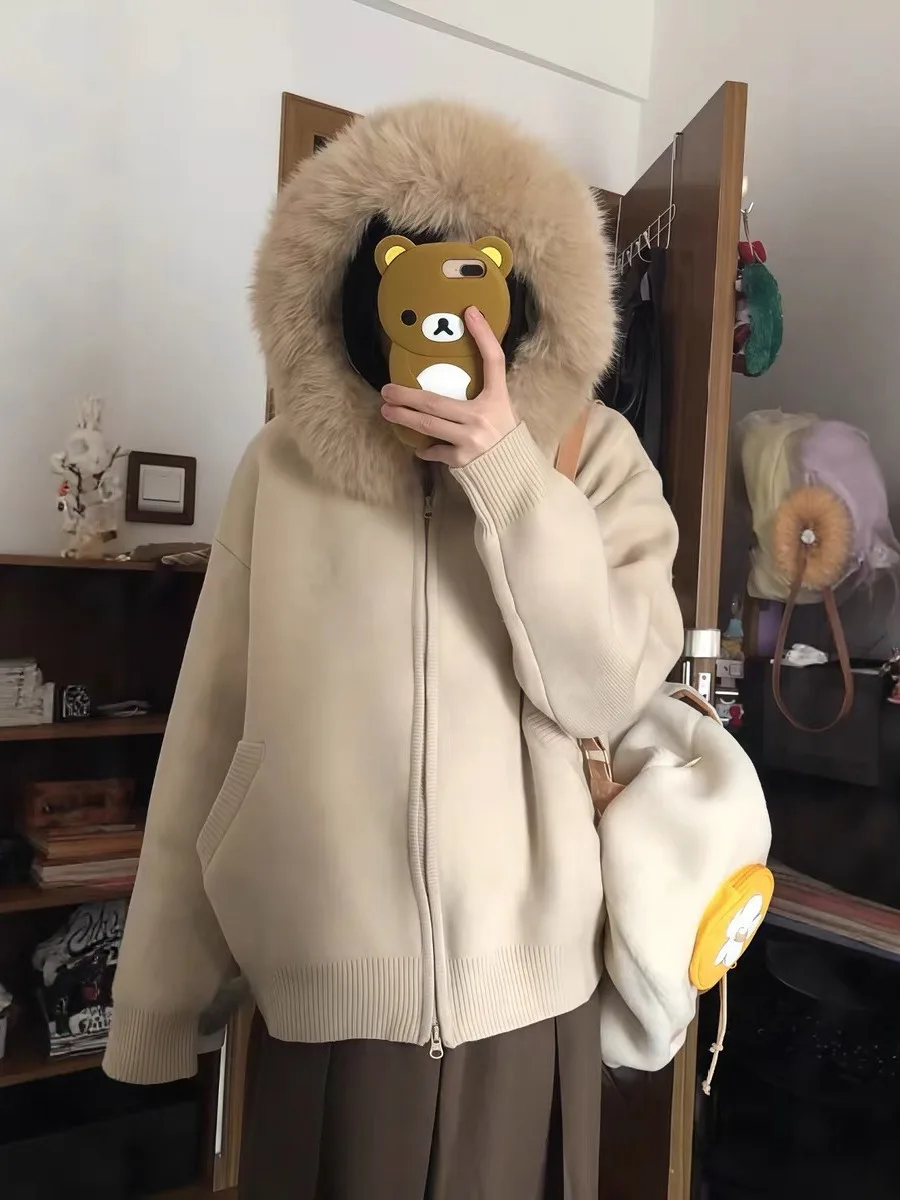 Coreano sle cáqui com capuz camisola de malha casaco feminino outono inverno macio aconchegante aberto cardigan grande gola de pele preguiçoso faion