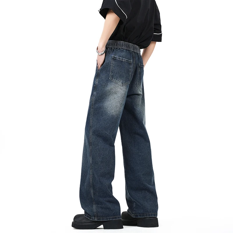 กางเกงยีนส์ขากว้างทรงหลวมสไตล์สตรีท ล้างสี รุ่นใหม่ ฤดูใบไม้ร่วง ปี 2025 สำหรับผู้ชายสูง 190 ซม. เอวยางยืด ความยาวพิเศษ 115 ซม. สวมใส่สบายๆ