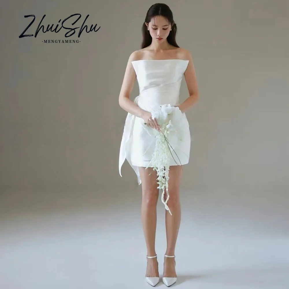 Elegant Wedding Party Short Dress Strapless Pleat Sheath Ivory Satin Korea Photoshoot Formal Occasion Customized웨딩드레스