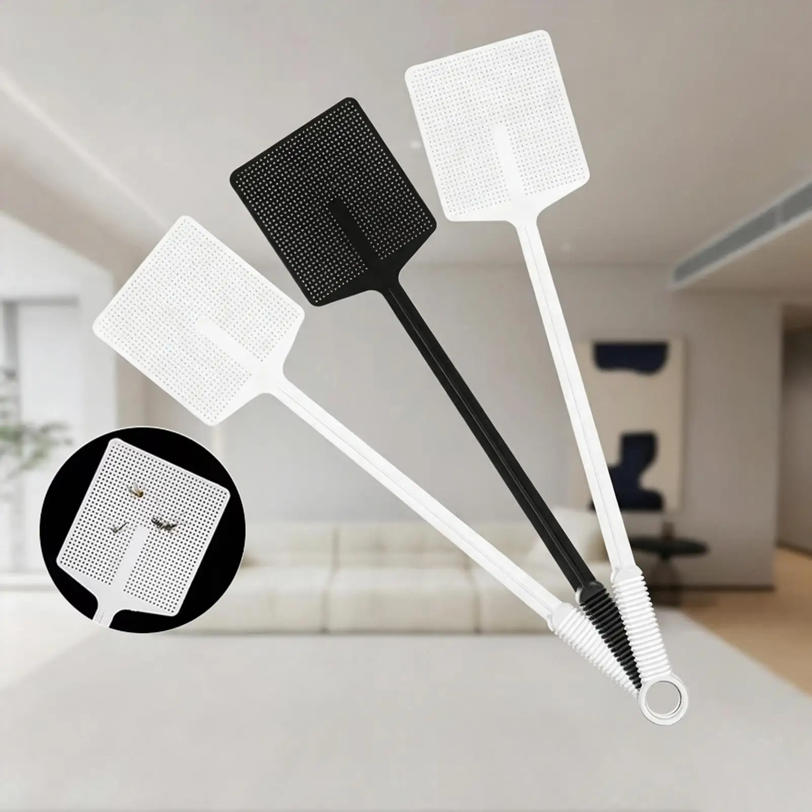 Fly Swatter 3 Pieces Flexible Heavy Duty Catcher Racket Long Handle Fly Swatter For Kitchen Indoor Household Outdoor Garage