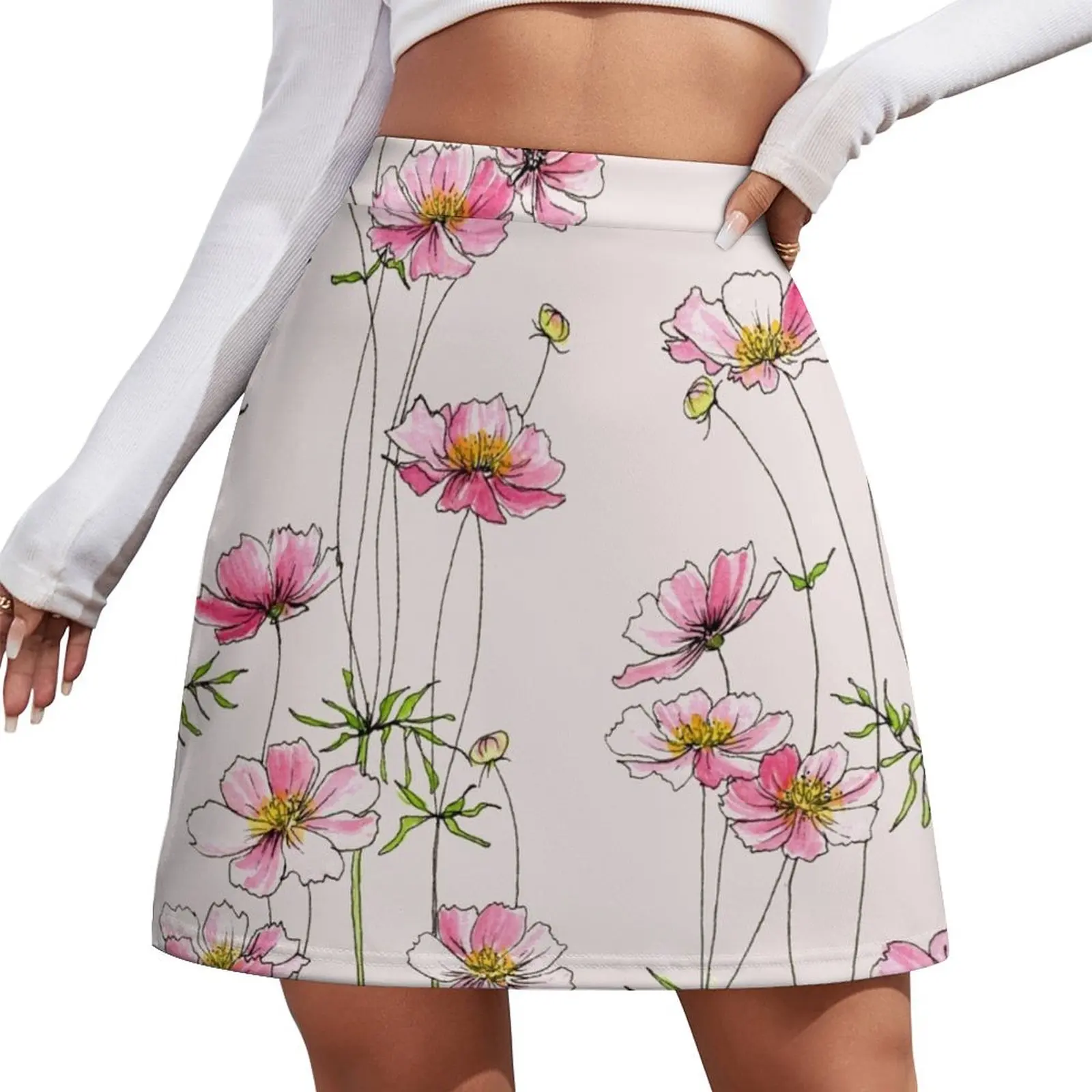 Pink Cosmos Flowers Mini Skirt Female dress women's clothing korea stylish extreme mini dress Korean skirts Mini Skirt