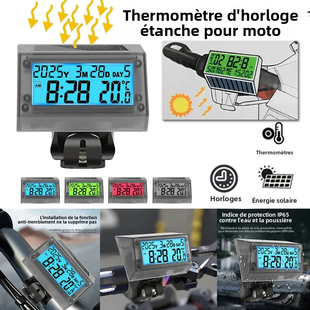 Horloge numérique solaire pour moto, affichage LCD rétroéclairé, date, semaine, température, thermomètre étanche, équipé d'un support pour moto