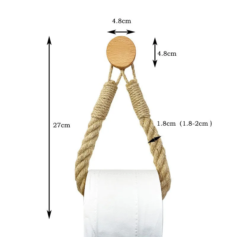 Solid Wood Hemp Rope Woven Towel Rack Punch-free Tissue Holder Multifunctional Wall Mounted Roll Paper Facial Towel Storage Rack