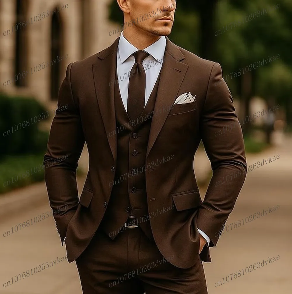 

Dark Brown Men Suit Groom Groomsman Wedding Party Prom Business Formal Occasion Male Tuxedos 3 Piece Set Jacket Vest Pants