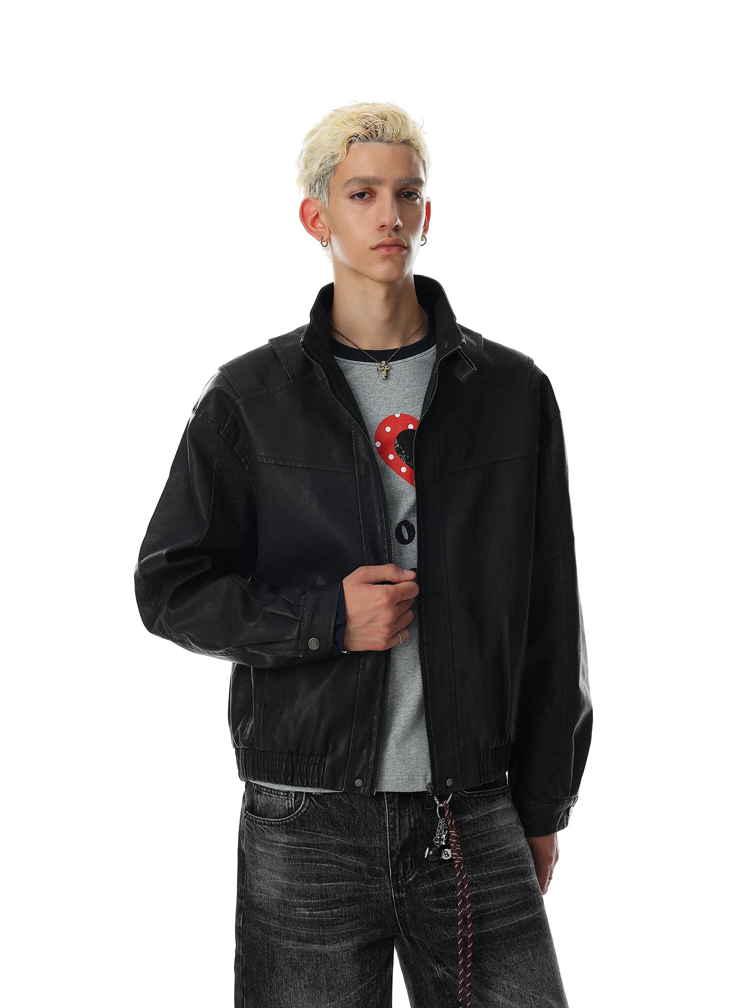 American Retro Deconstructed Stand Collar Jacket Men's Short Bomber Pilot Outerwear Loose Fit No Ironing Processing