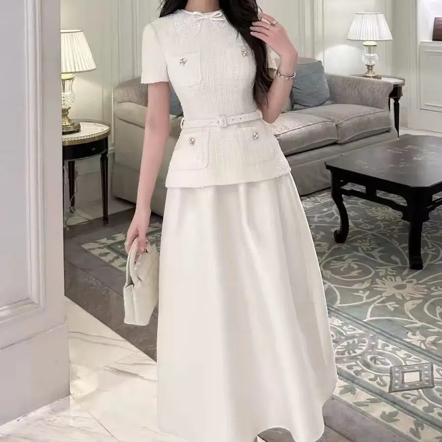 Women peter pan collar fake two-piece midi dress short sleeve high waist fashion temperament lady long dress