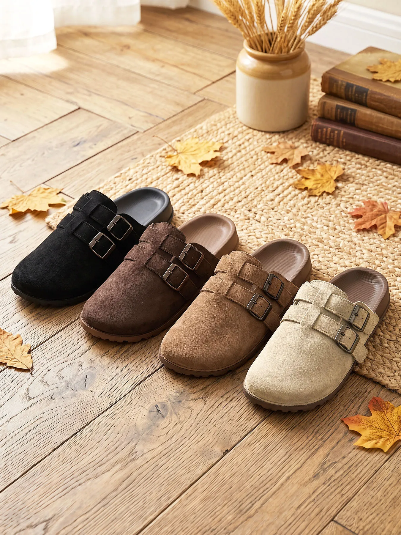 Plus Size Women Suede Clogs Mules Double Buckle Closed Toe Soft Sole Slip On All Seasons Casual Daily Shoes