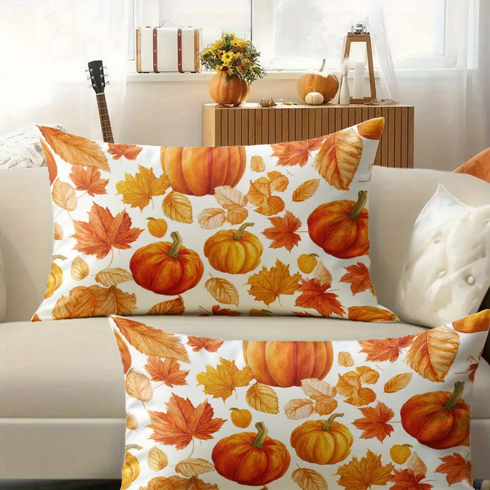 2D FLAT-2pcs Fall Pumpkin & Maple Leaf Throw Pillow Covers Pillowcase sofa cushion cover family bedroom room decoration