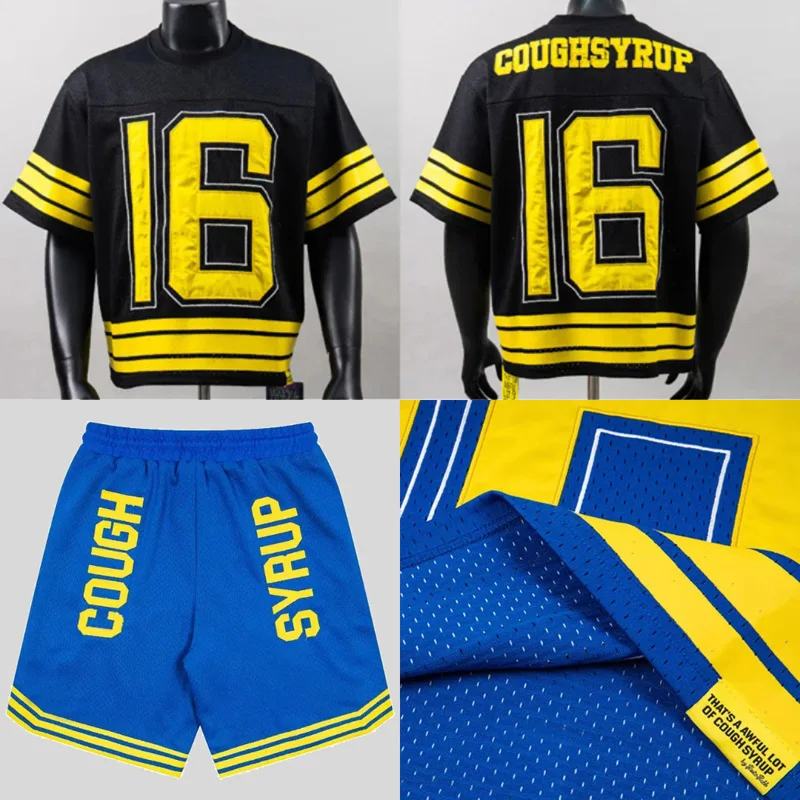 Splicing Embroidery Mesh Short Sleeves THAT'S A AWFUL LOT OF COUGH SYRUP T-shirt Loose Breathable Sports Suit