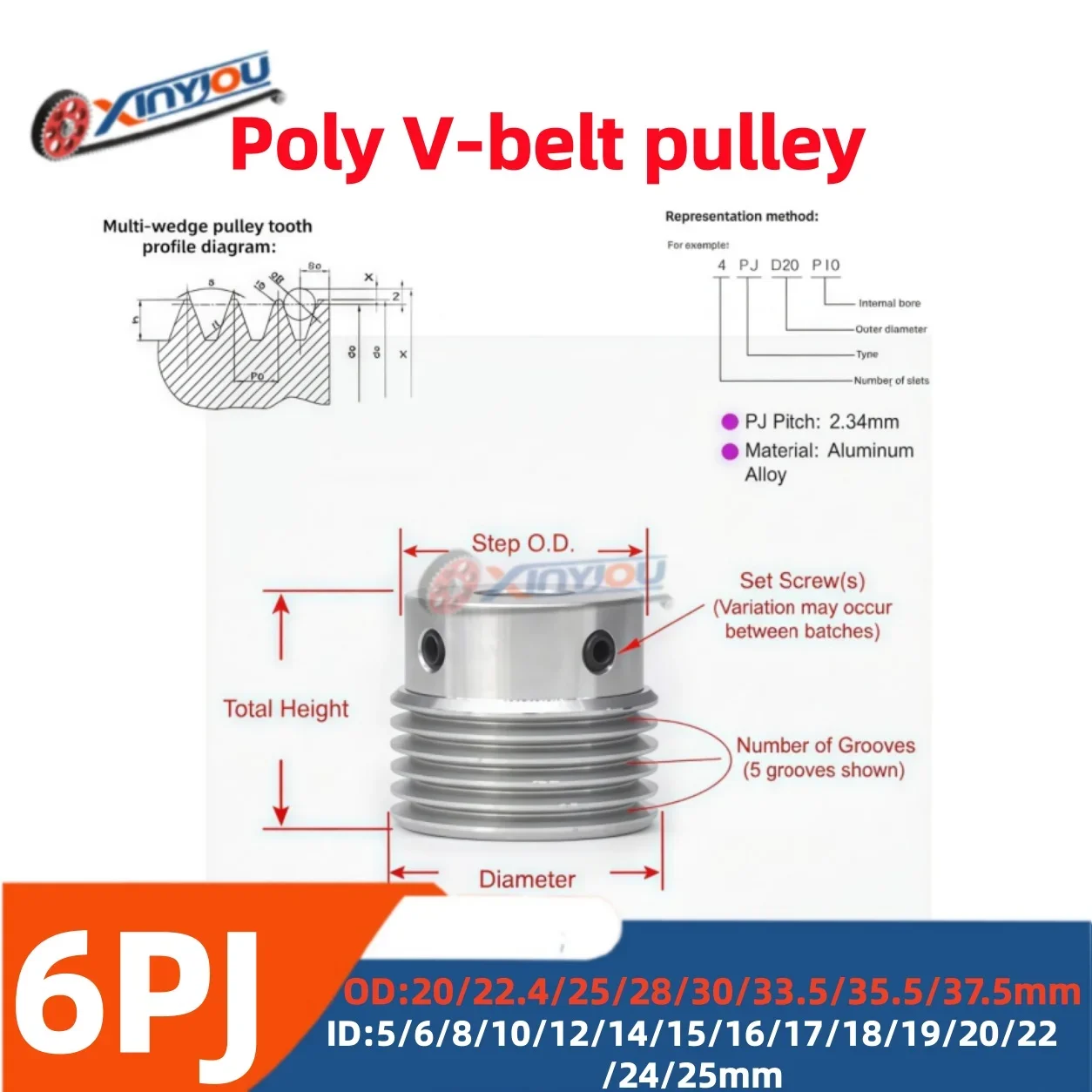 6PJ Aluminum Alloy Poly V Belt Pulley 20/22.4/25/28/30~~37.5mm Bore5-25mm, 6-Rib Serpentine Drive Pulley for PJ Belt, Multi-Rib