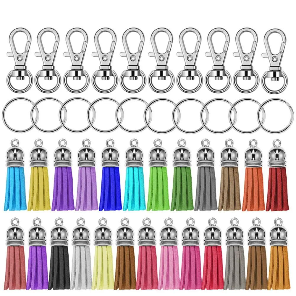 30Pcs Swivel Hooks with Key Rings and Multicolour Tassels Bulk for Keychain Crafts Jewelry Accessories