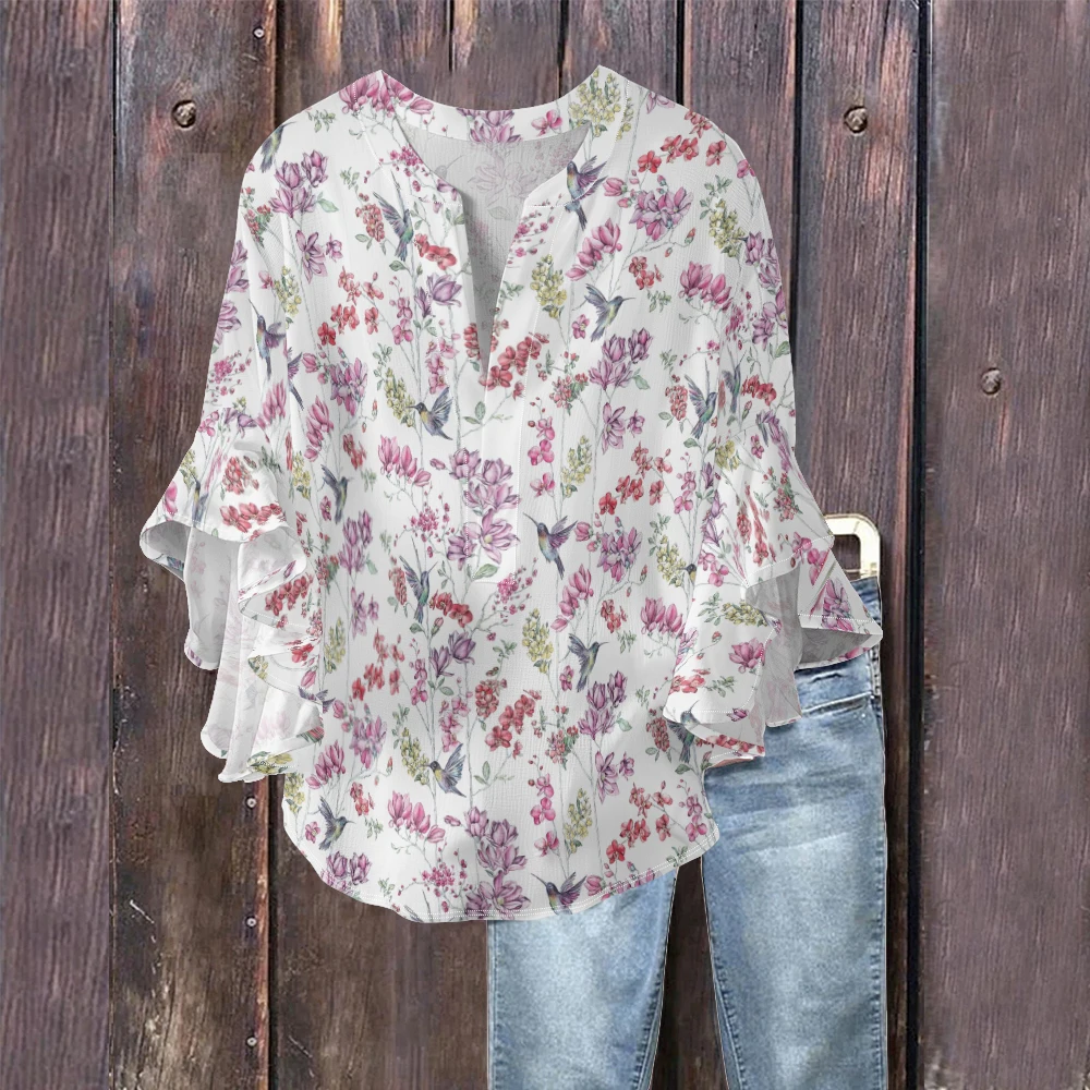 

Elegant Floral Print Flutter Sleeve Blouse Lightweight V-Neck Top with Hummingbird & Bloom Design for Women Summer Streetwear