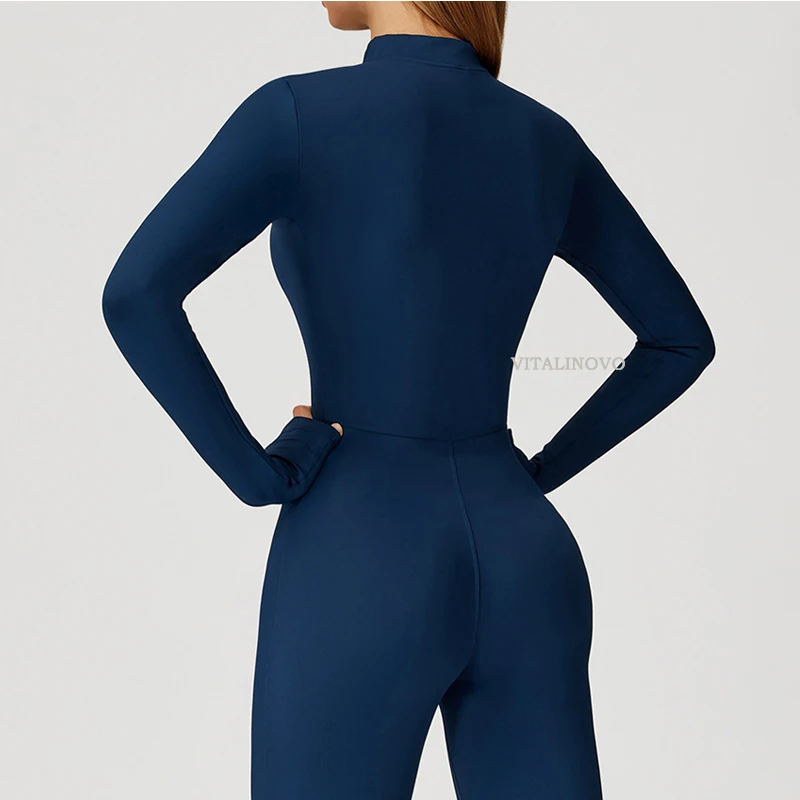 VITALINOVO Damen-Trainingsanzug mit Fleece-Futter, langärmlig, mit Reißverschluss, Yoga-Overall, Winter, warm, Thermo-Einteiler, figurbetonte Hose – Detail 6