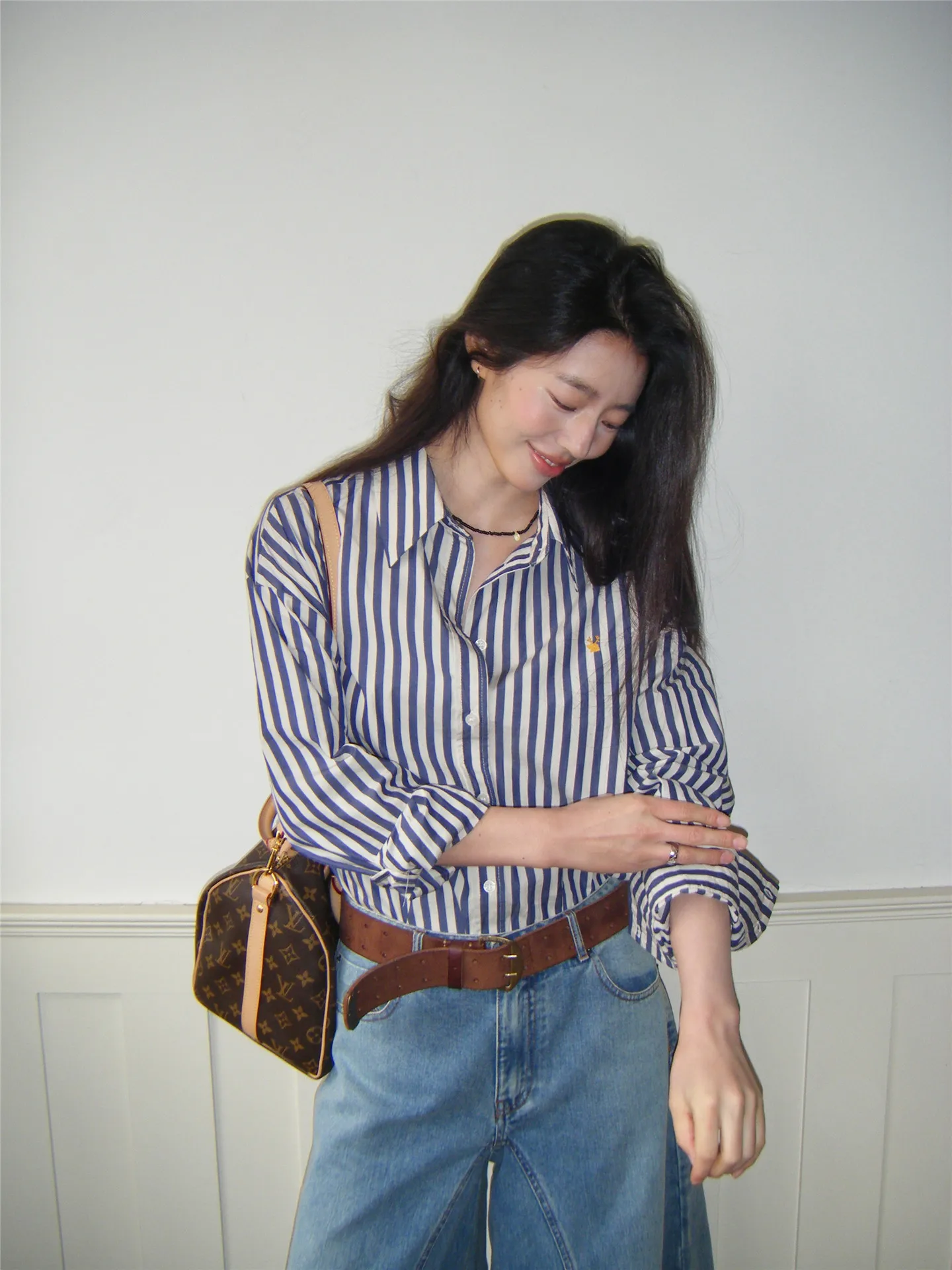 

Loose Fit Casual Striped Long Sve Embroidered irt Women's Spring Sle Breathable Cotton Comfortable Lazy Pattern