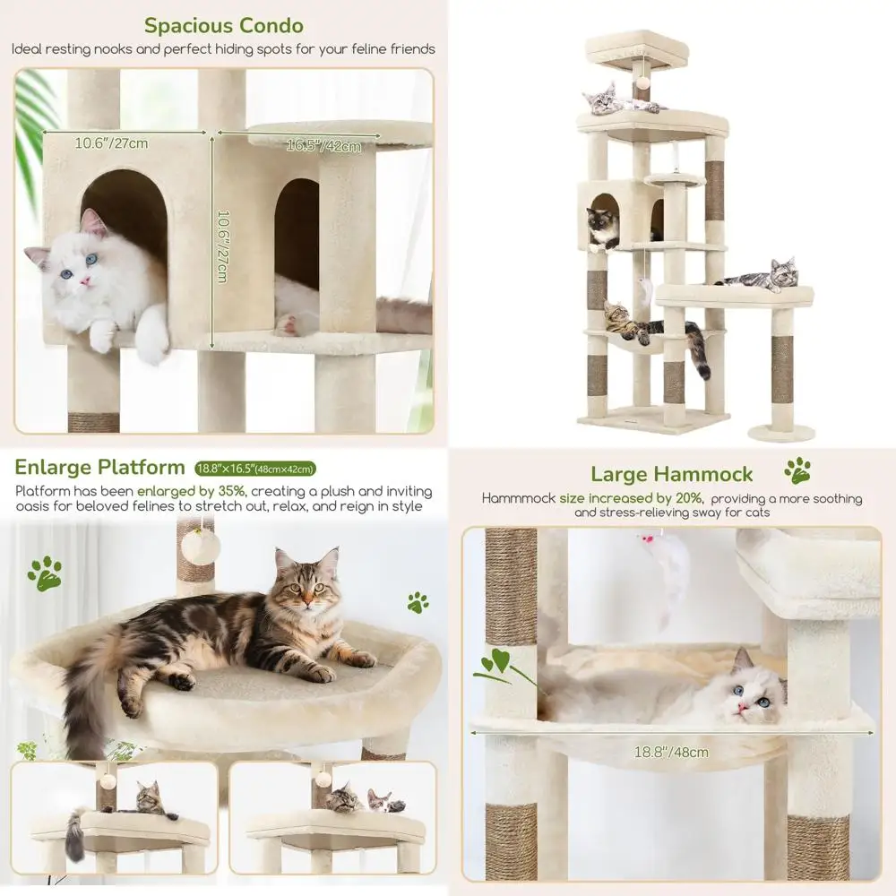 

Large Indoor Cat Tree, 65 Tall, with 3 Wide Perches, 6 Scratching Posts, Hammock, Beige S65