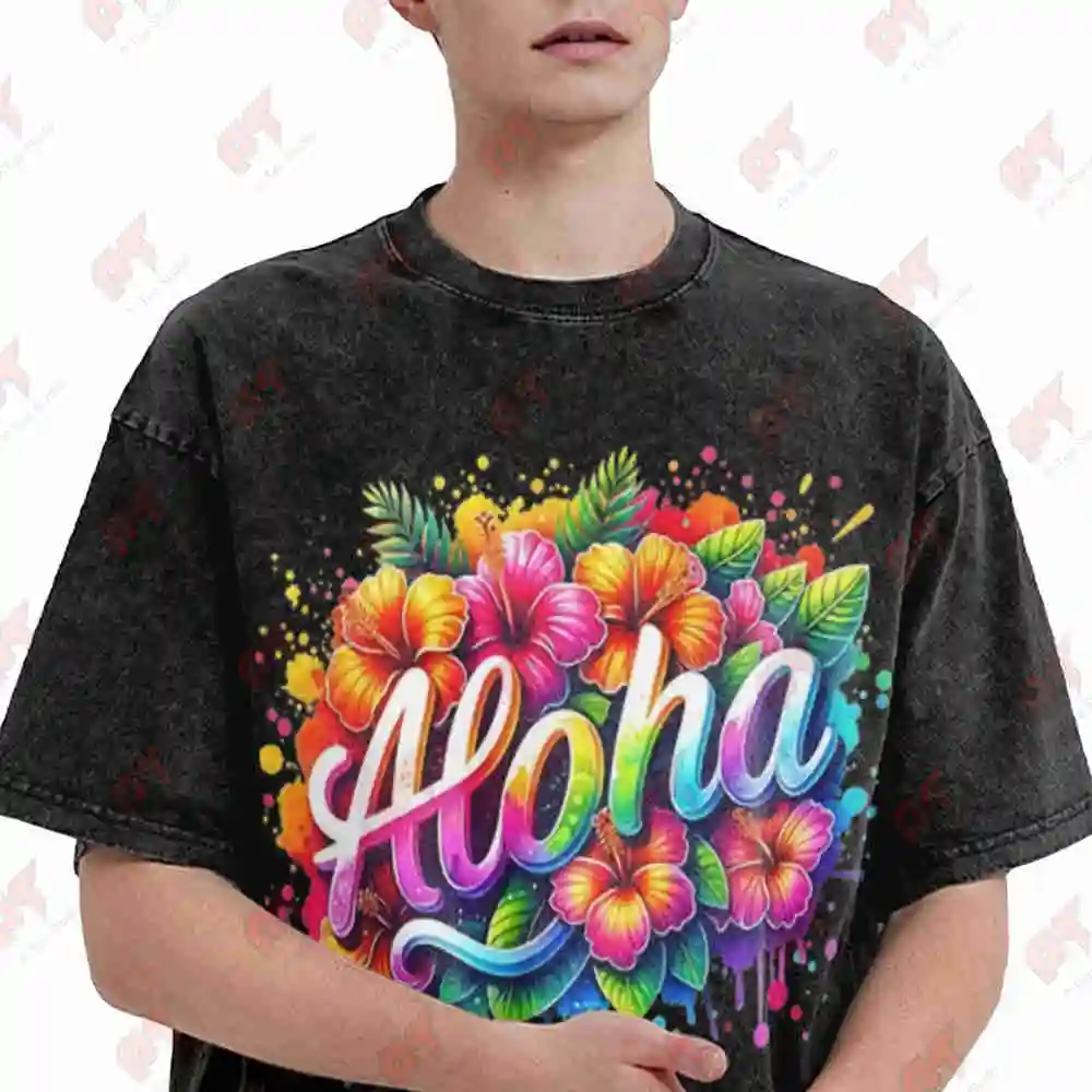 Hawaiian Aloha Hibiscus Tropical Luau Vintage Washed Tee Pure Cotton T-Shirt